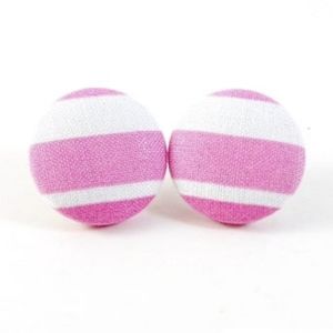Handmade Fabric Button Earrings, Rose Pink Stripes, Jewelry Earrings